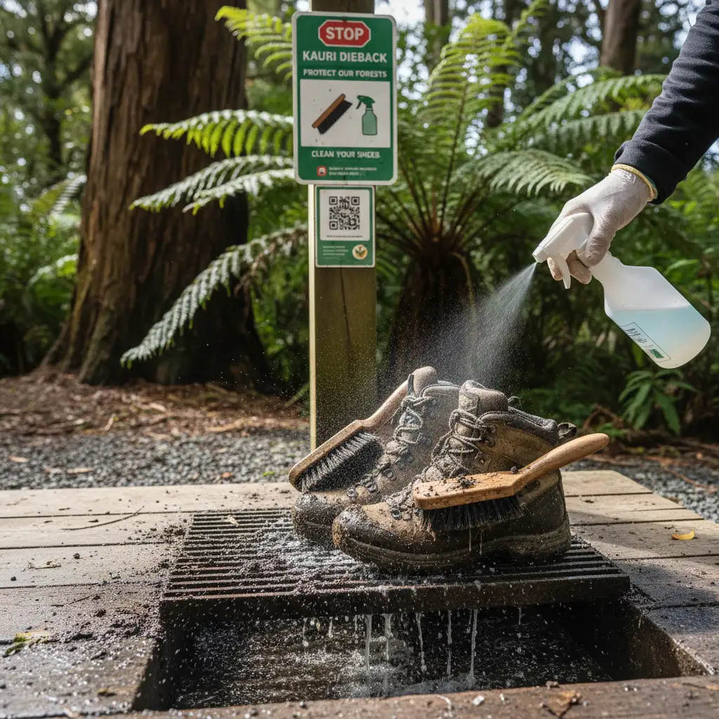 Biosecurity cleaning station for hiking boots