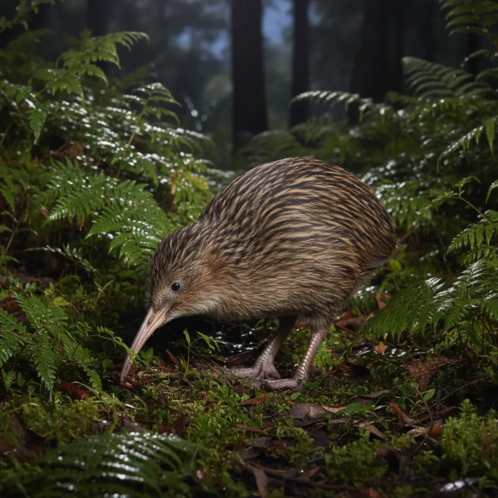 North Island Brown Kiwi foraging at night