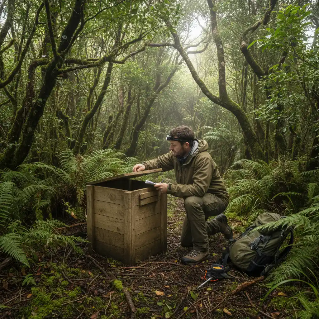Volunteer checking predator trap for kiwi safety