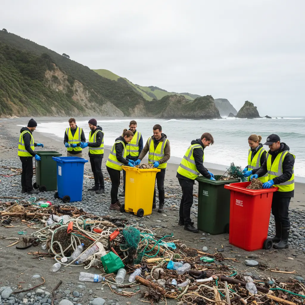 Volunteers conducting a marine debris survey on a NZ coastline