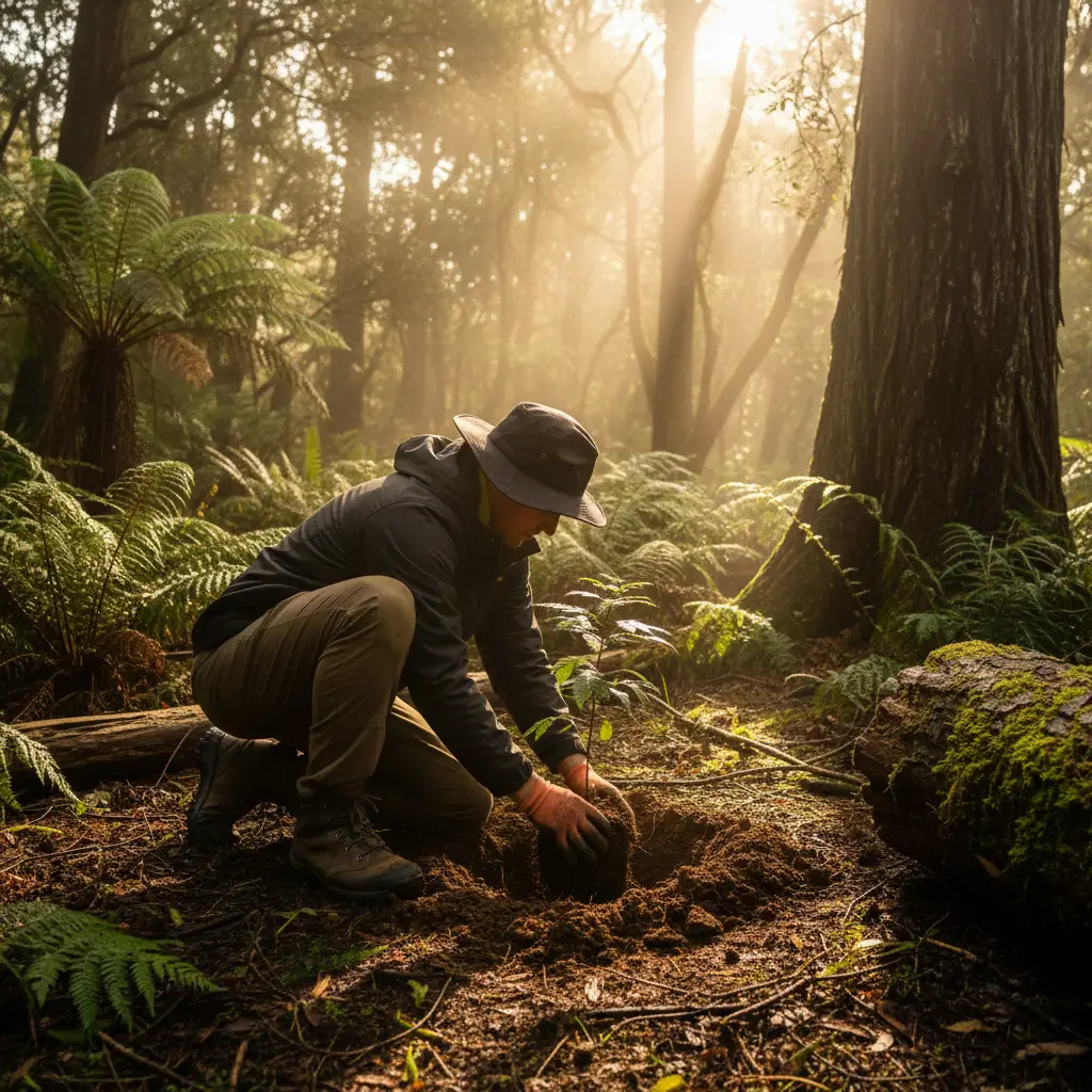 Traveler engaging in regenerative travel New Zealand by planting native trees