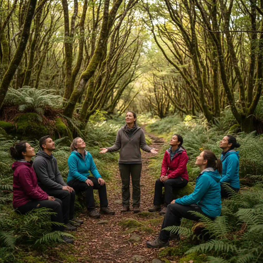 Guided forest therapy walk in New Zealand beech forest
