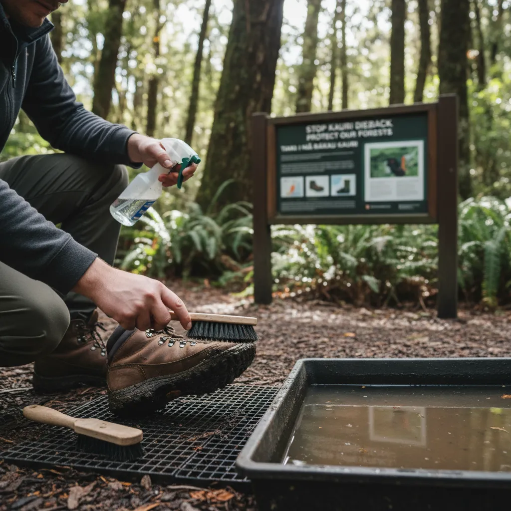 Hiker using Kauri Dieback cleaning station