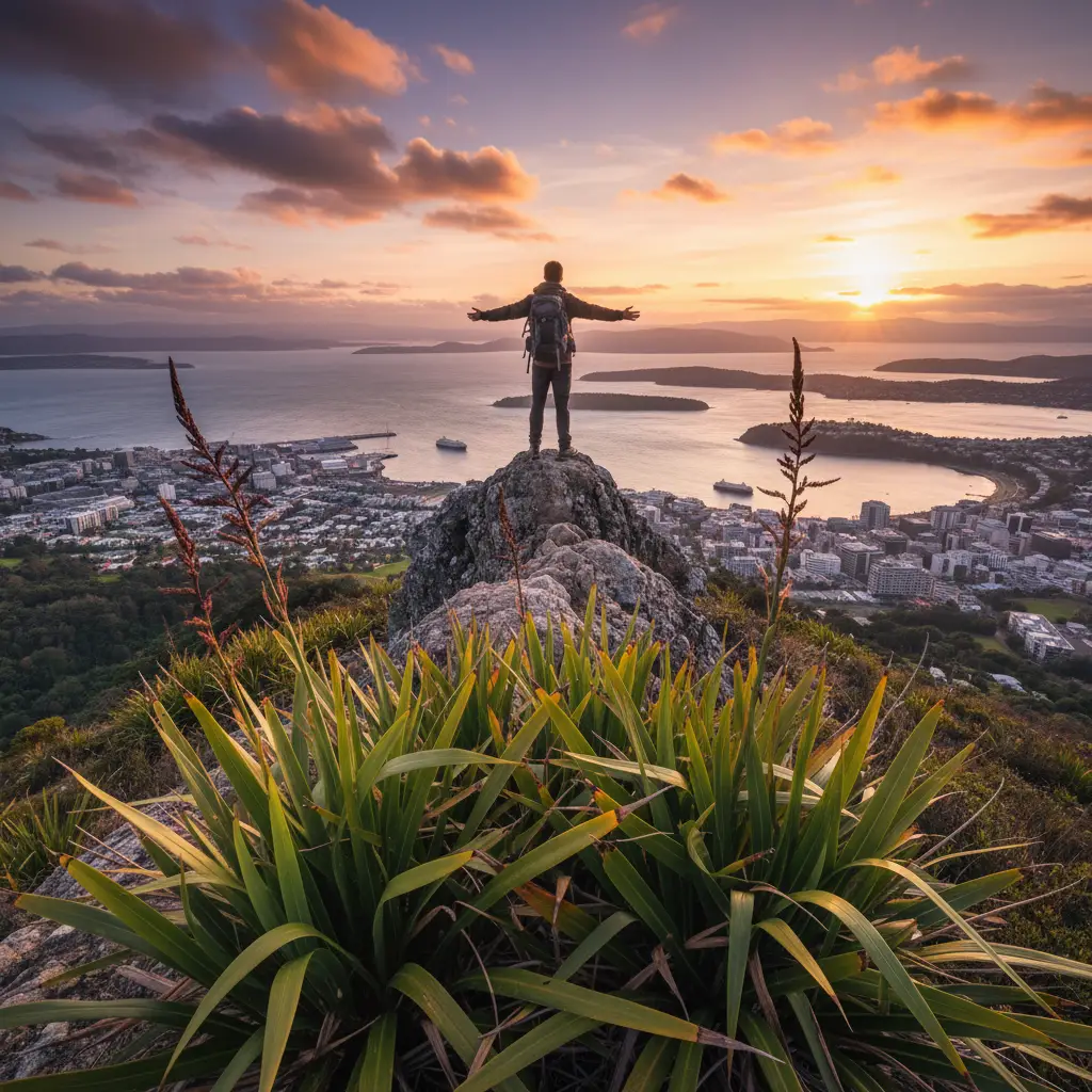 Hiker enjoying views from Te Ahumairangi Hill in the Wellington Green Belt