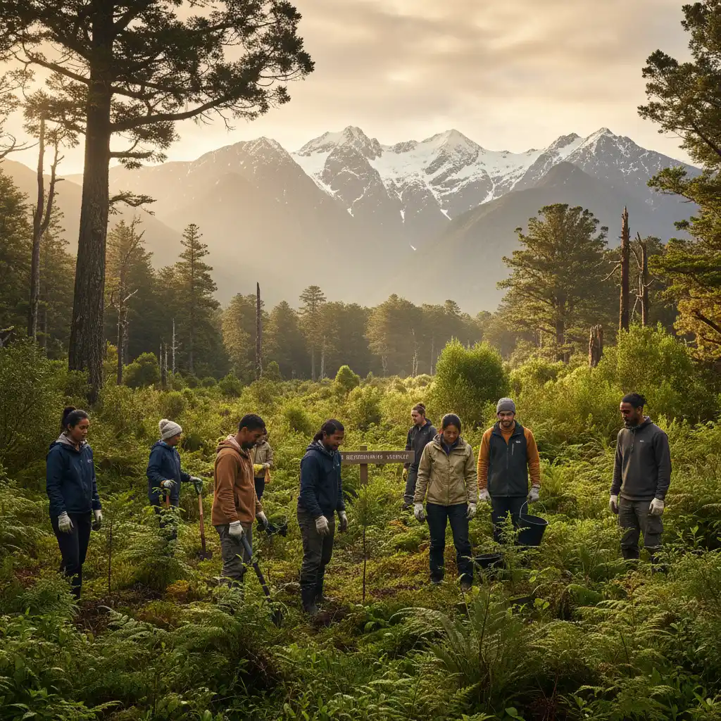Travelers engaging in regenerative forestry in New Zealand