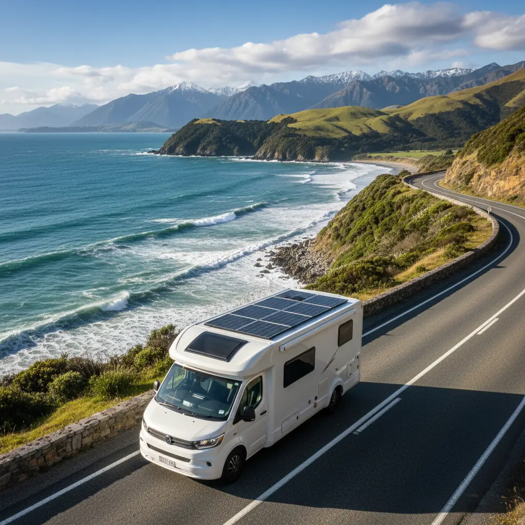 Electric vehicle touring New Zealand landscape