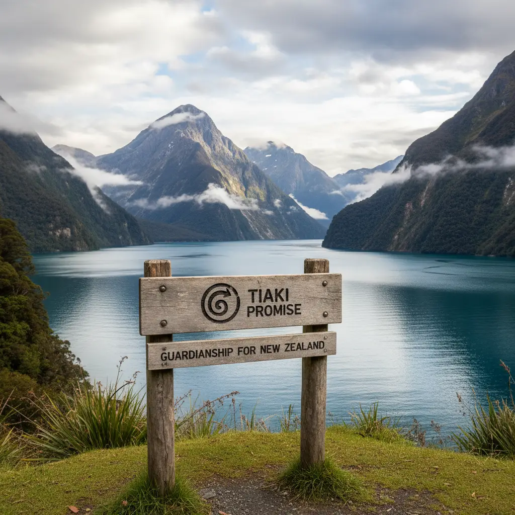 The Tiaki Promise sign in New Zealand landscape