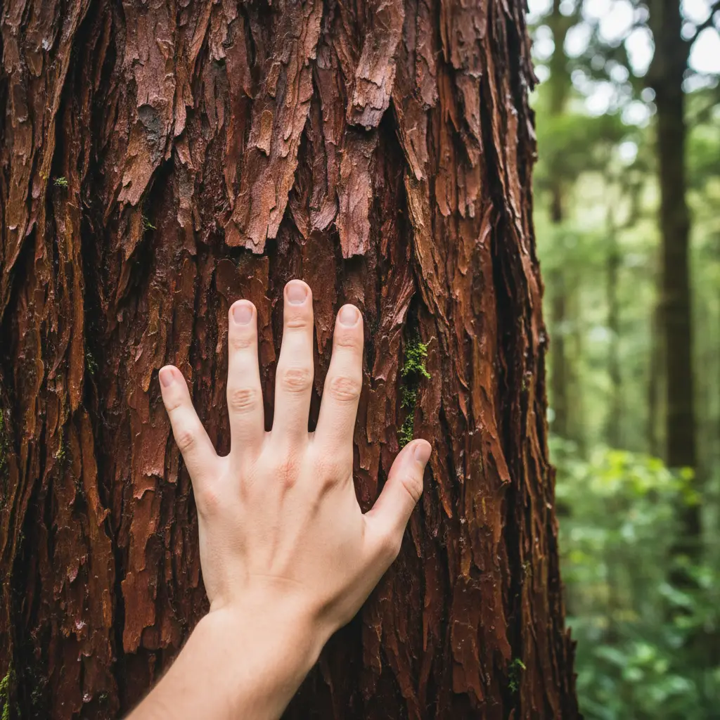 Tactile nature experience touching tree bark