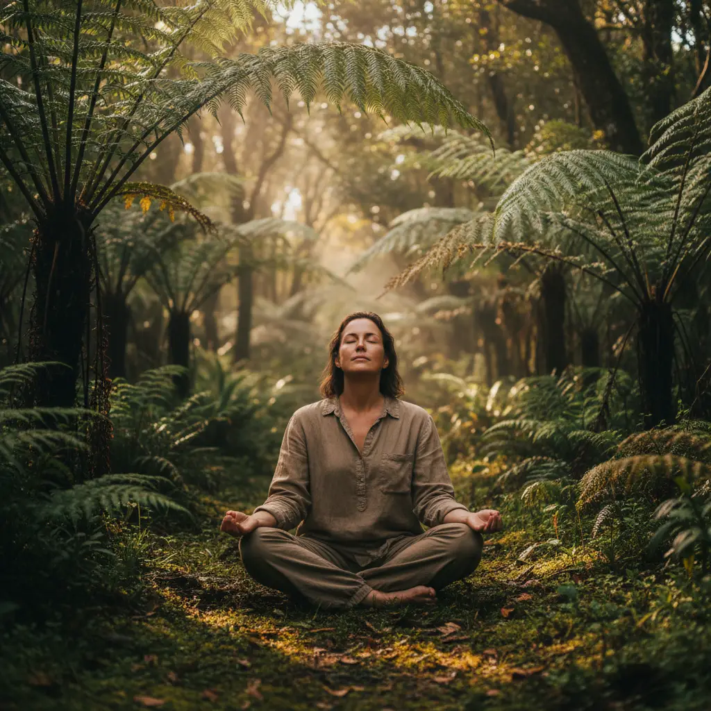 Person meditating in New Zealand native bush for mental fatigue relief nature