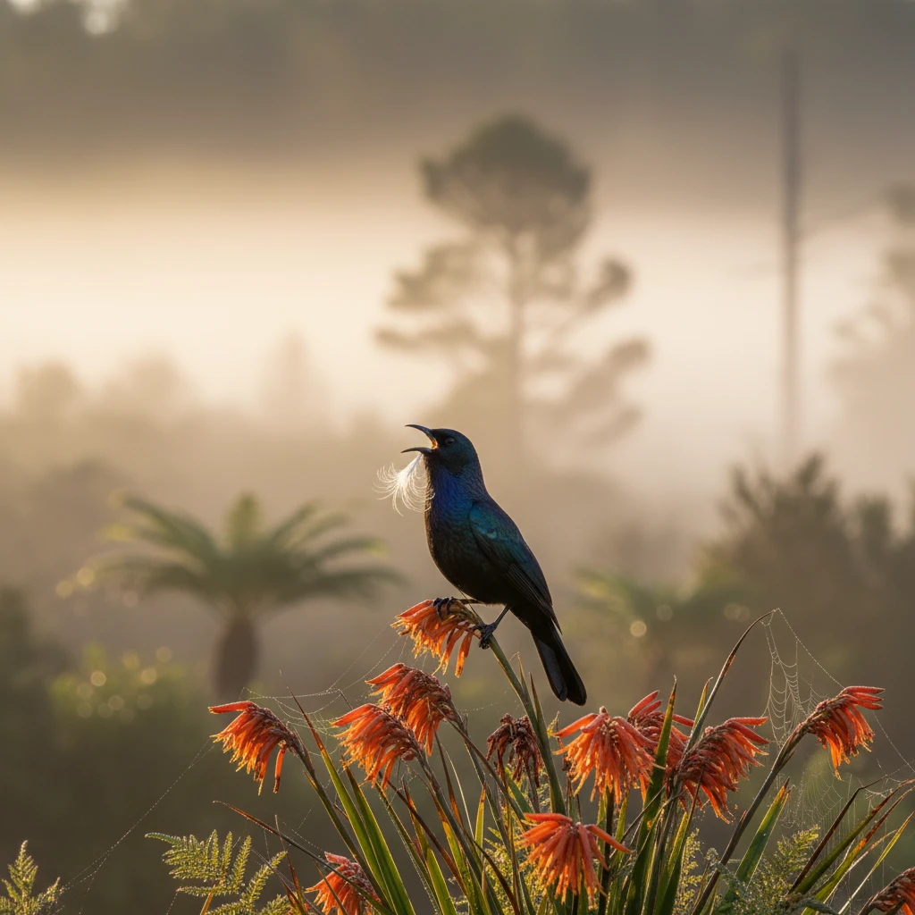 Tui bird singing dawn chorus in New Zealand