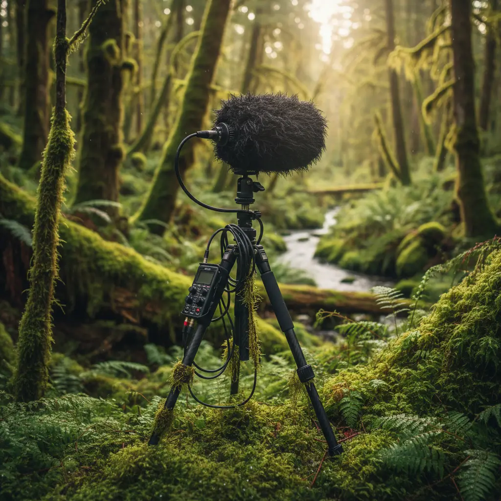 Field recording equipment setup in nature for ethical sound capture