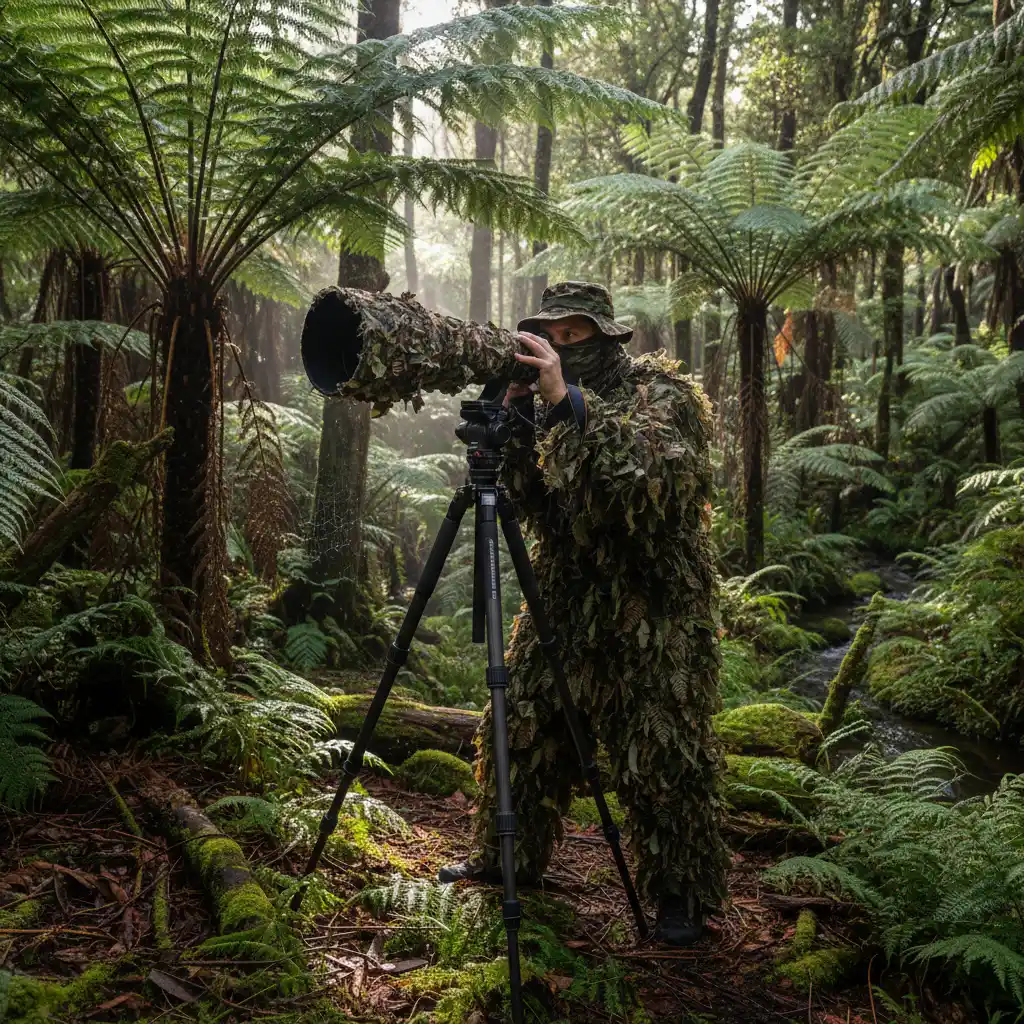 Photographer using a telephoto lens to maintain ethical distance from wildlife