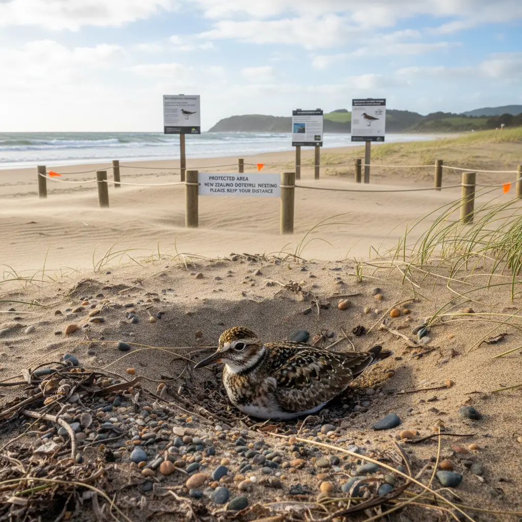 New Zealand Dotterel nesting site showing conservation protections
