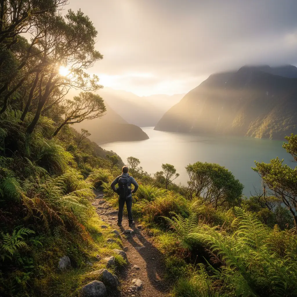 Hiker enjoying a slow travel moment in New Zealand wilderness