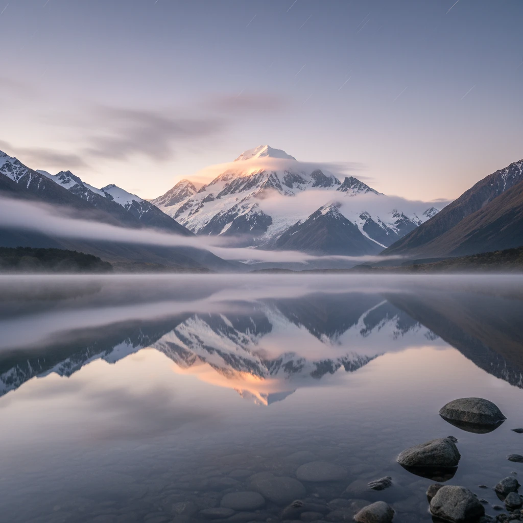 Majestic New Zealand mountain reflecting in water