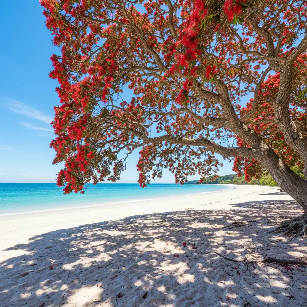 Pohutukawa tree blooming in New Zealand summer