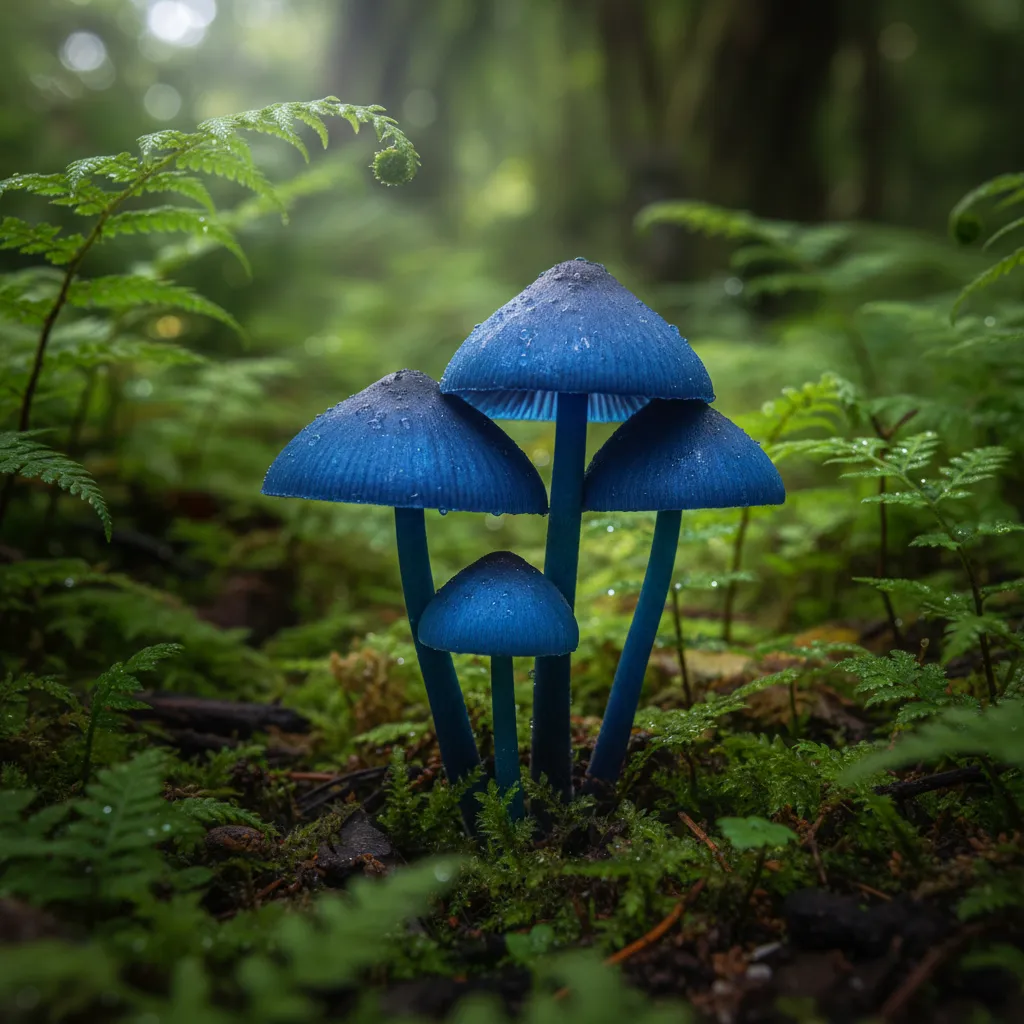 Blue mushroom Entoloma hochstetteri in New Zealand autumn