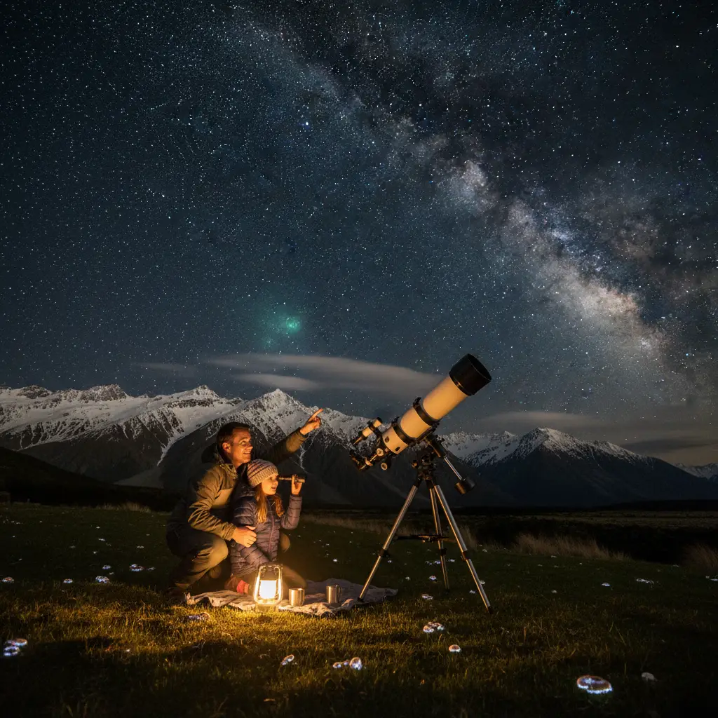 Father and daughter enjoying family stargazing New Zealand experiences with a telescope
