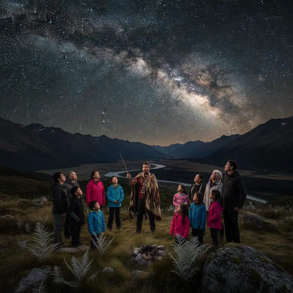 Family learning about Maori astronomy during a stargazing tour