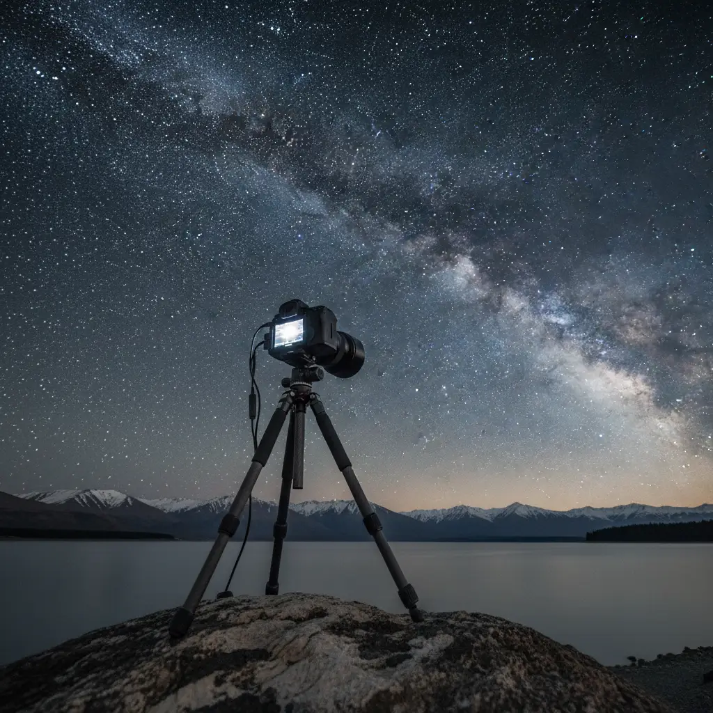 Professional astrophotography gear setup near Lake Tekapo