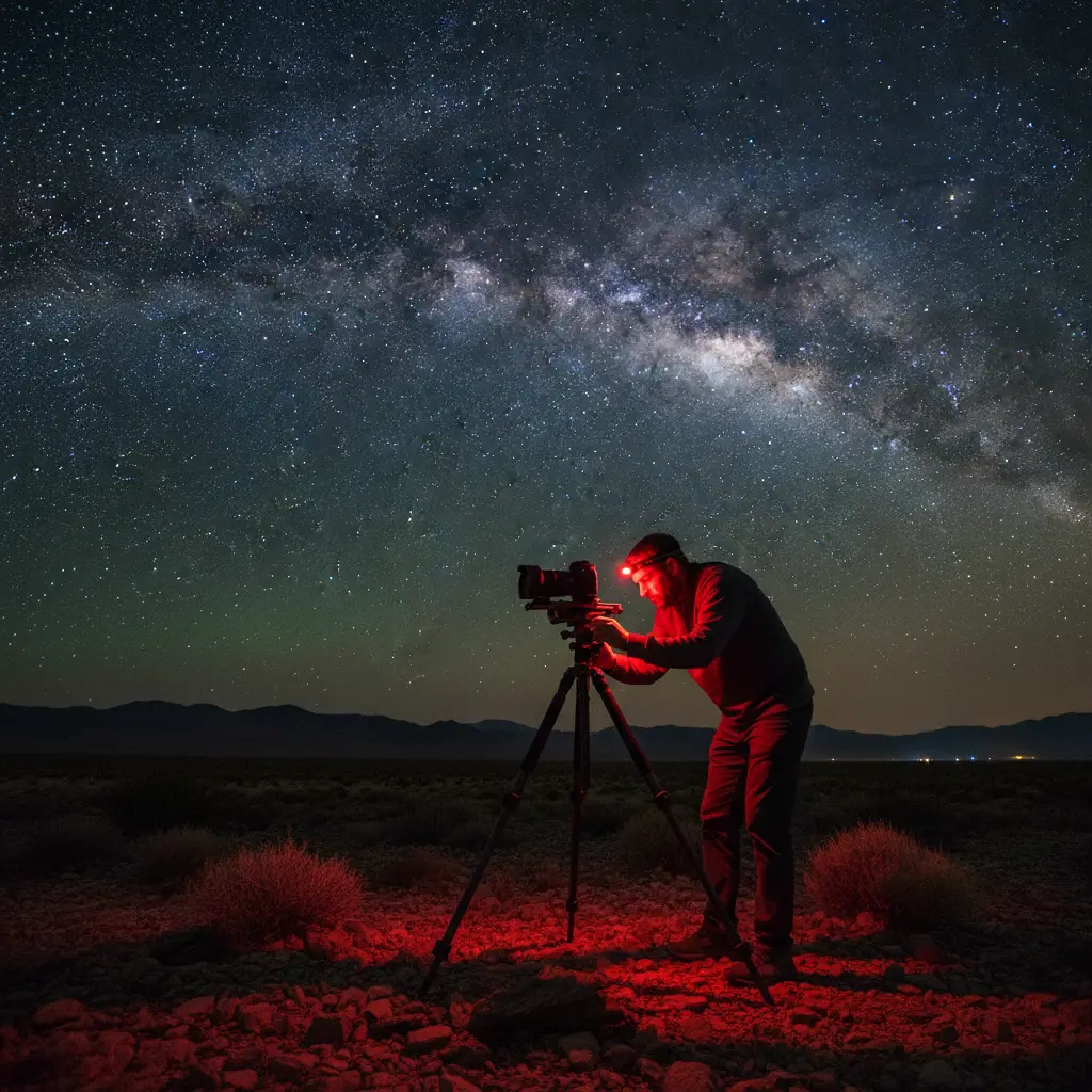 Using a star tracker and red headlamp for astrophotography