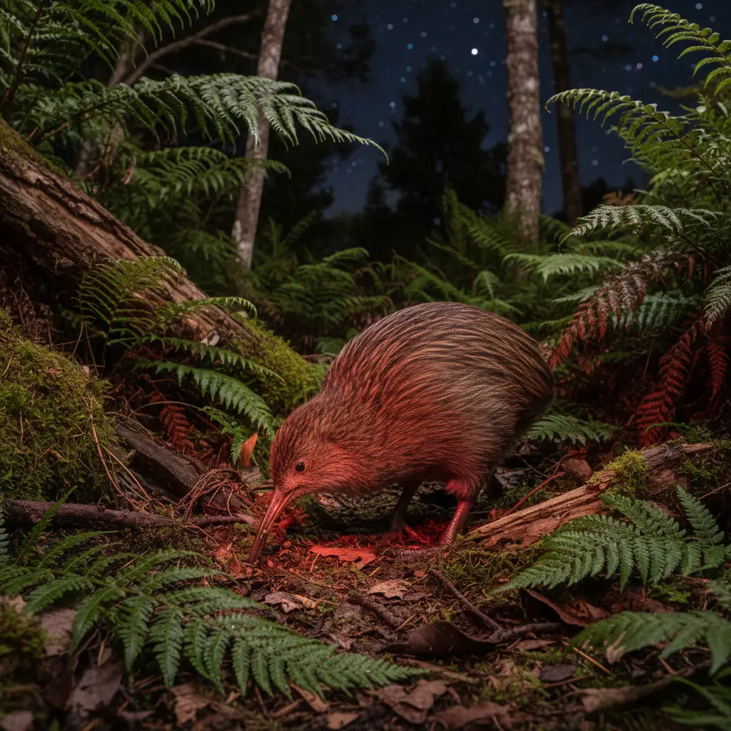 Brown Kiwi bird foraging at night in New Zealand native bush