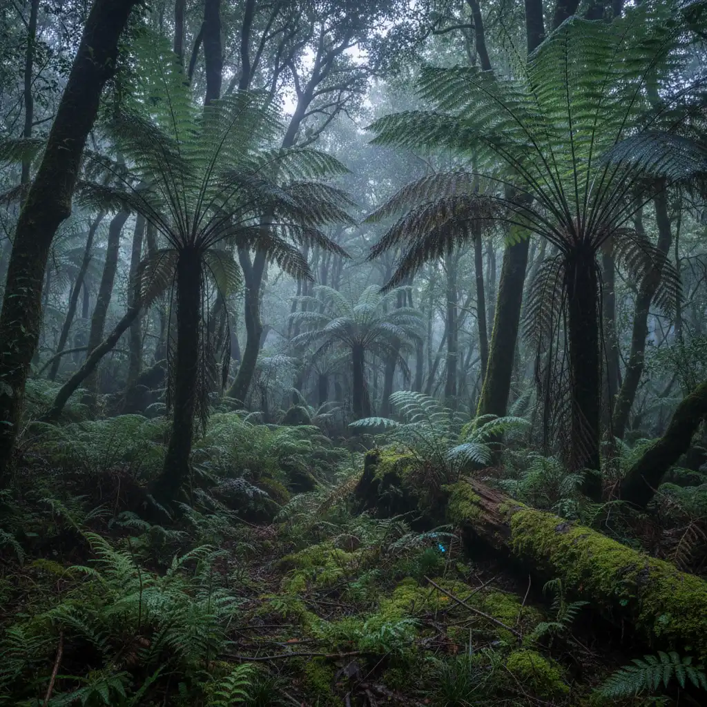 New Zealand native forest ecosystem at night