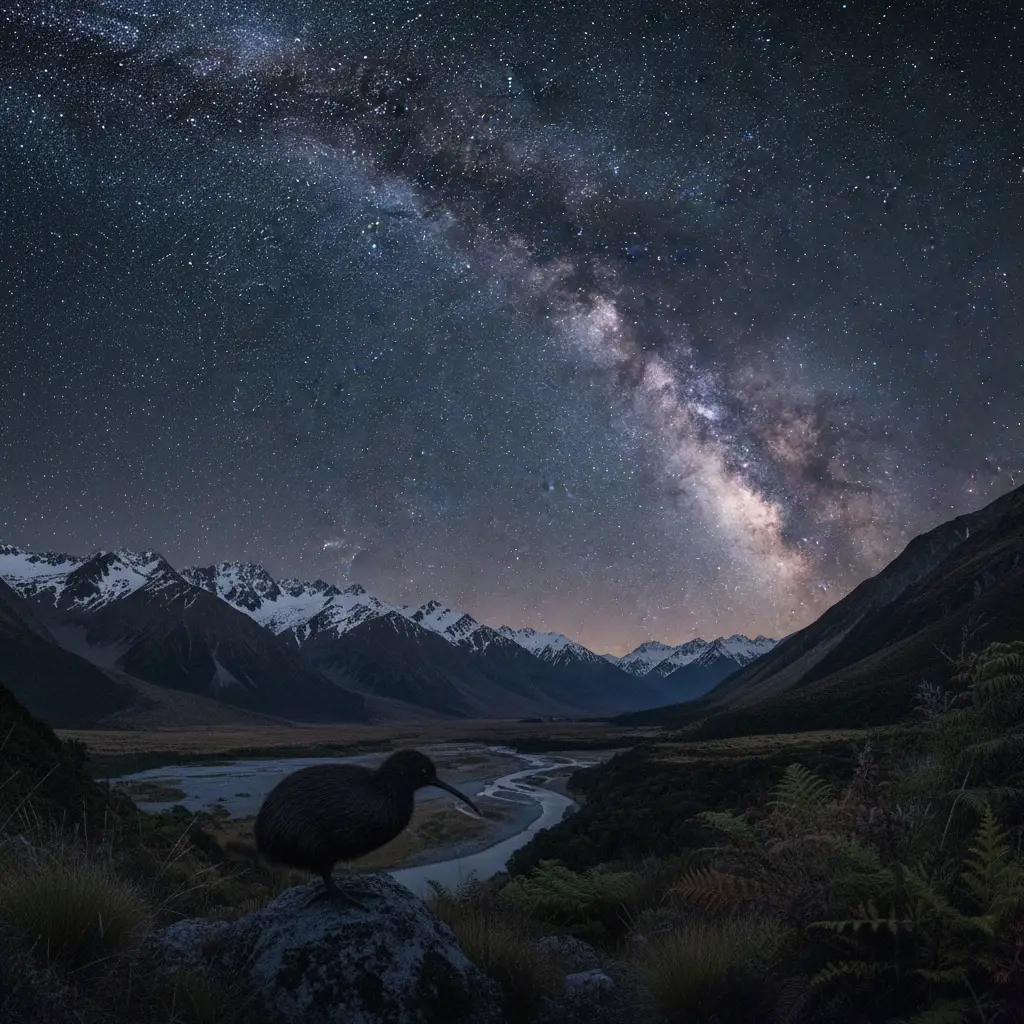 Milky Way over New Zealand landscape with wildlife silhouette