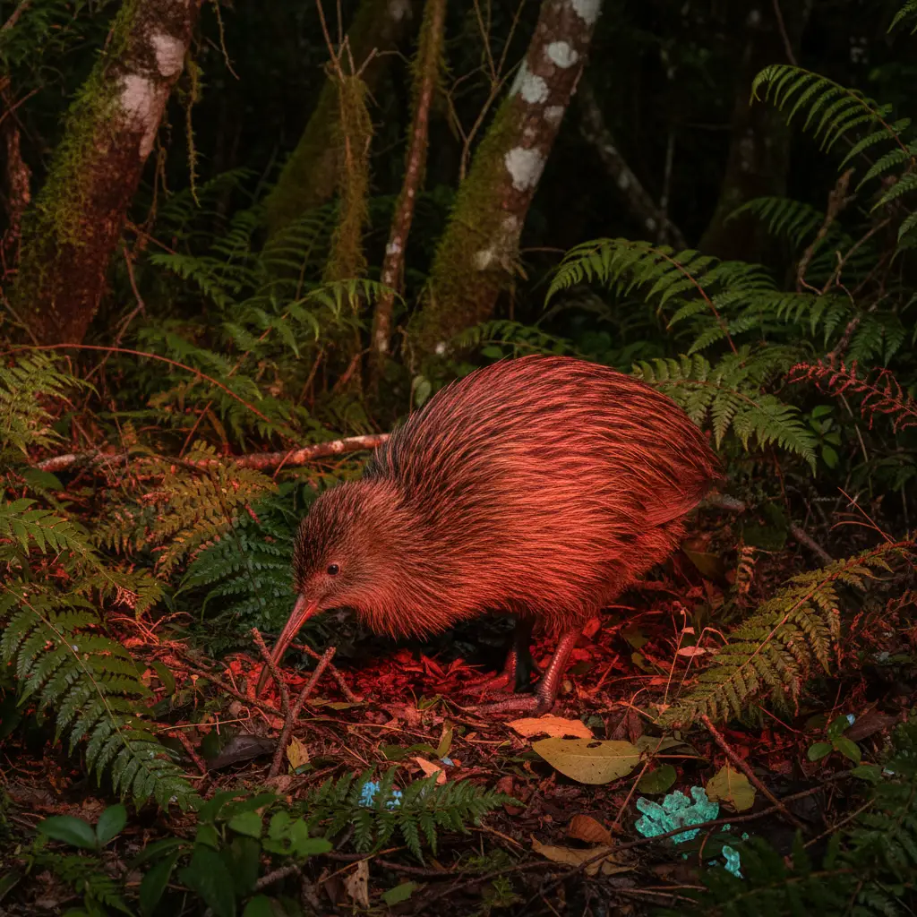 Southern Brown Kiwi foraging on Stewart Island at night