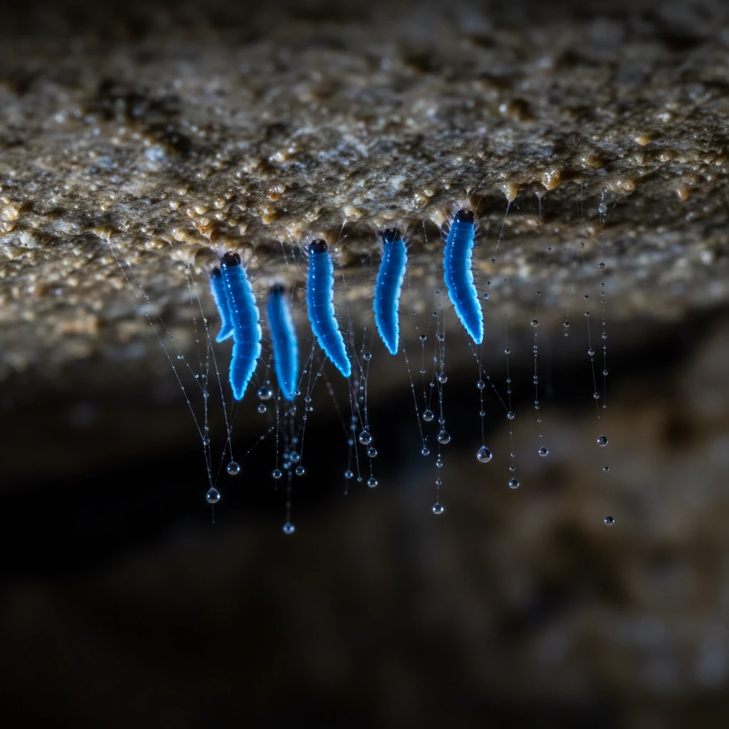 Macro shot of Arachnocampa luminosa glow worms showing blue light and silk threads