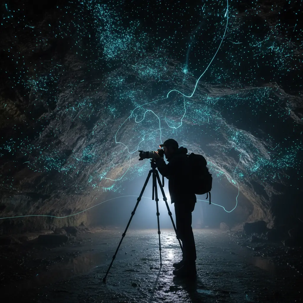 Photographer setting up a long exposure shot in a glow worm cave