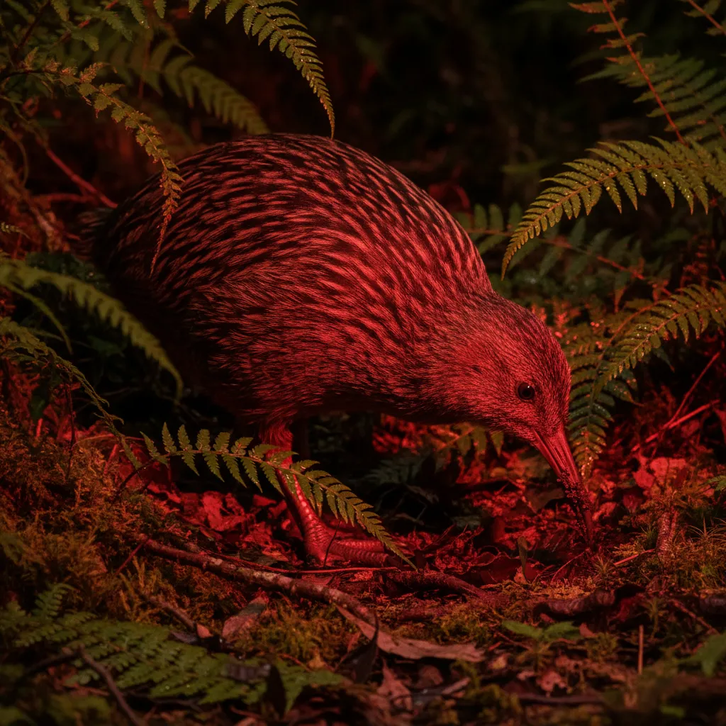 Rowi Kiwi foraging at night in Okarito forest