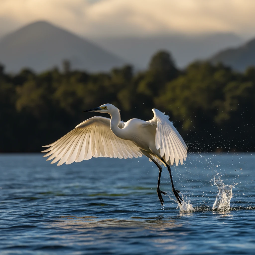 White Heron in flight over Okarito Lagoon