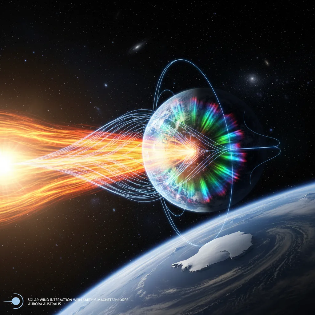 Solar wind interacting with Earth's magnetic field causing Aurora Australis