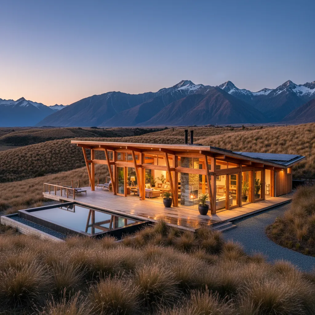 Modern luxury eco lodge in New Zealand tussock landscape at twilight