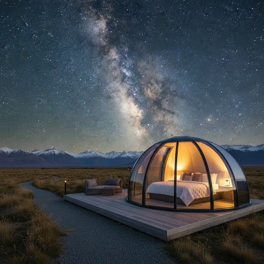 Glass roofed luxury bedroom under the Milky Way in Mackenzie Basin