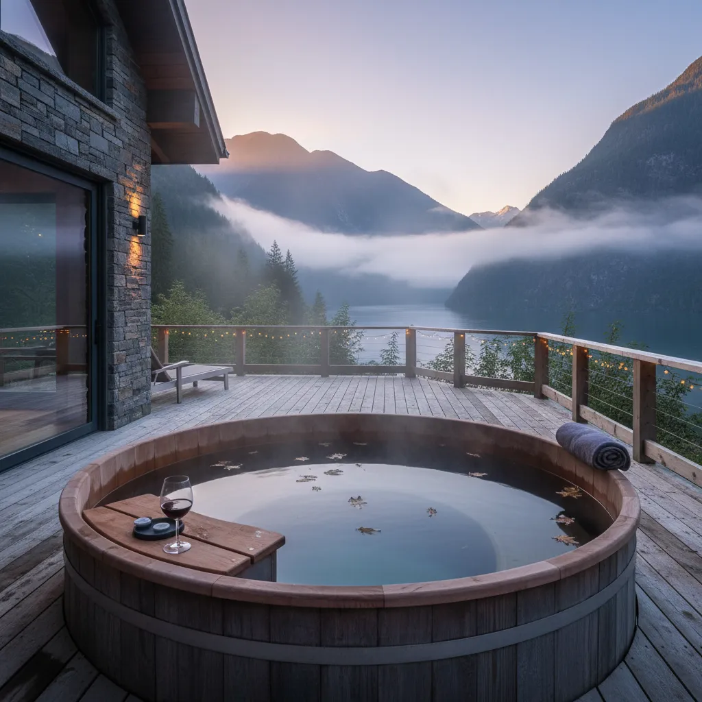 Outdoor cedar hot tub at luxury eco lodge overlooking fjord