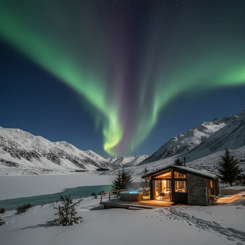 Aurora Australis over luxury cabin in Southern Alps