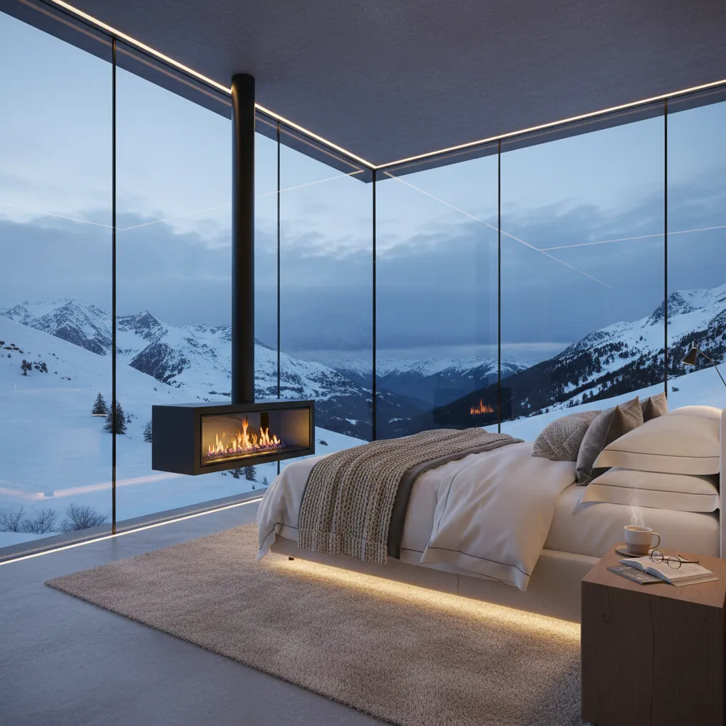 Cozy interior of a glass pod during New Zealand winter