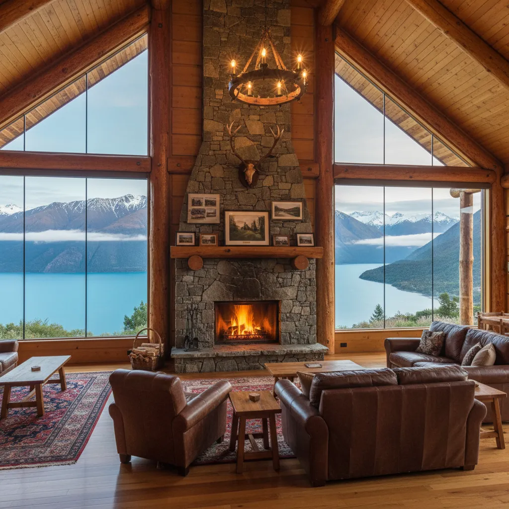 Luxury interior of Fiordland Lodge with views of Lake Te Anau