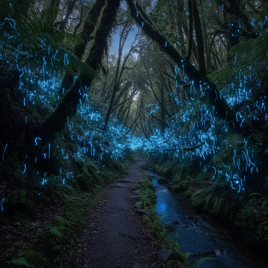 Glow worms illuminating a dark rainforest trail near Lake Moeraki