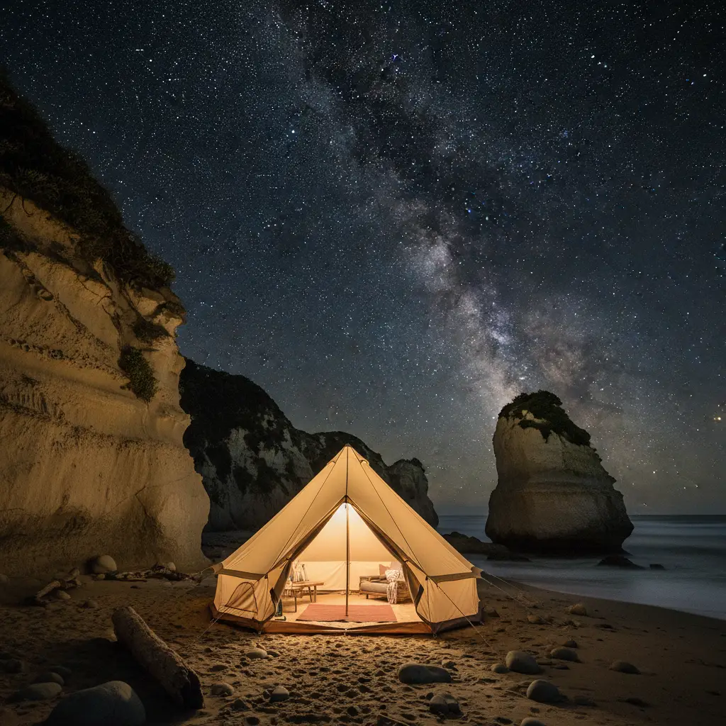 Luxury glamping tent at Punakaiki under a starry night sky