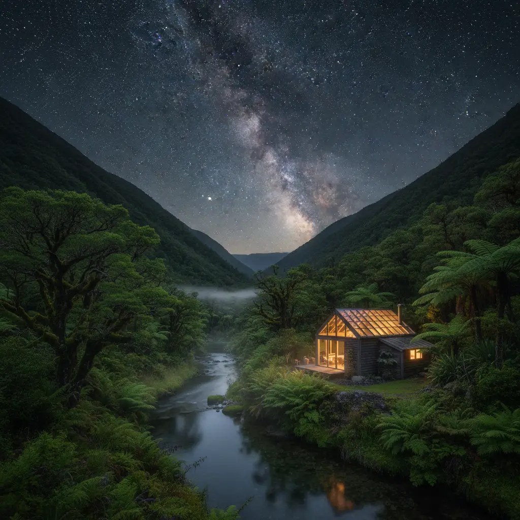 Remote off-grid glamping hut in Haast river valley
