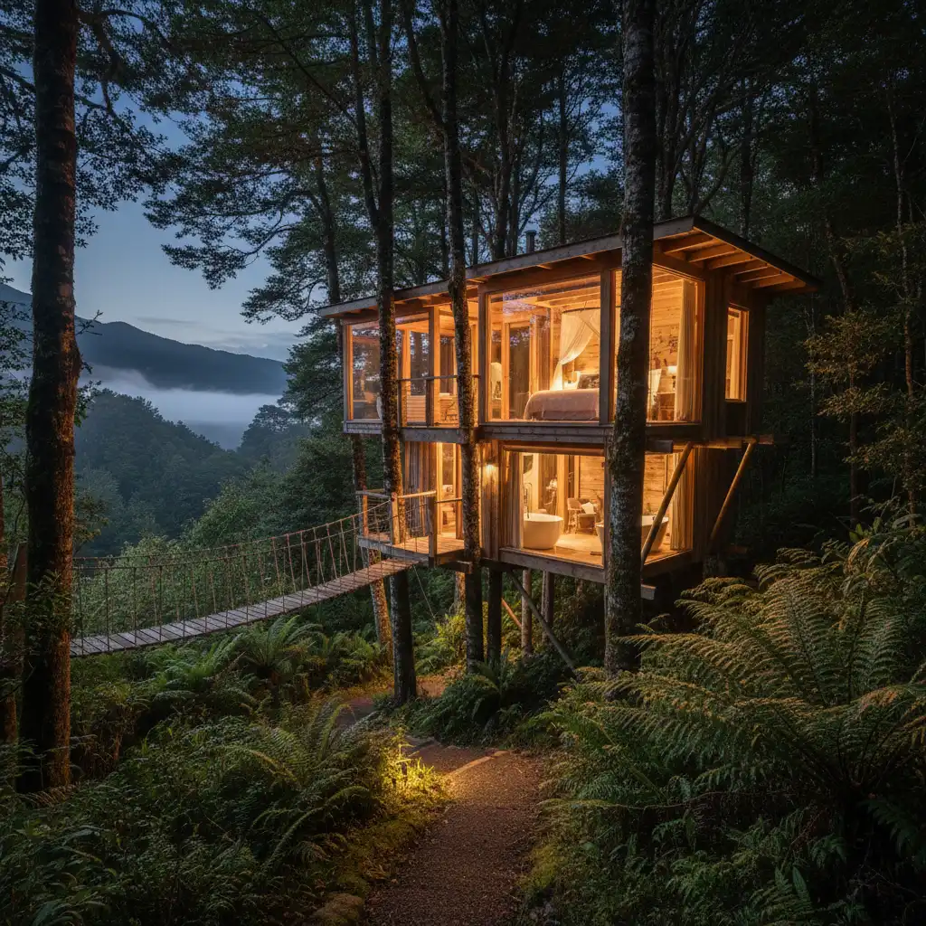 Treehouse glamping accommodation in West Coast native bush