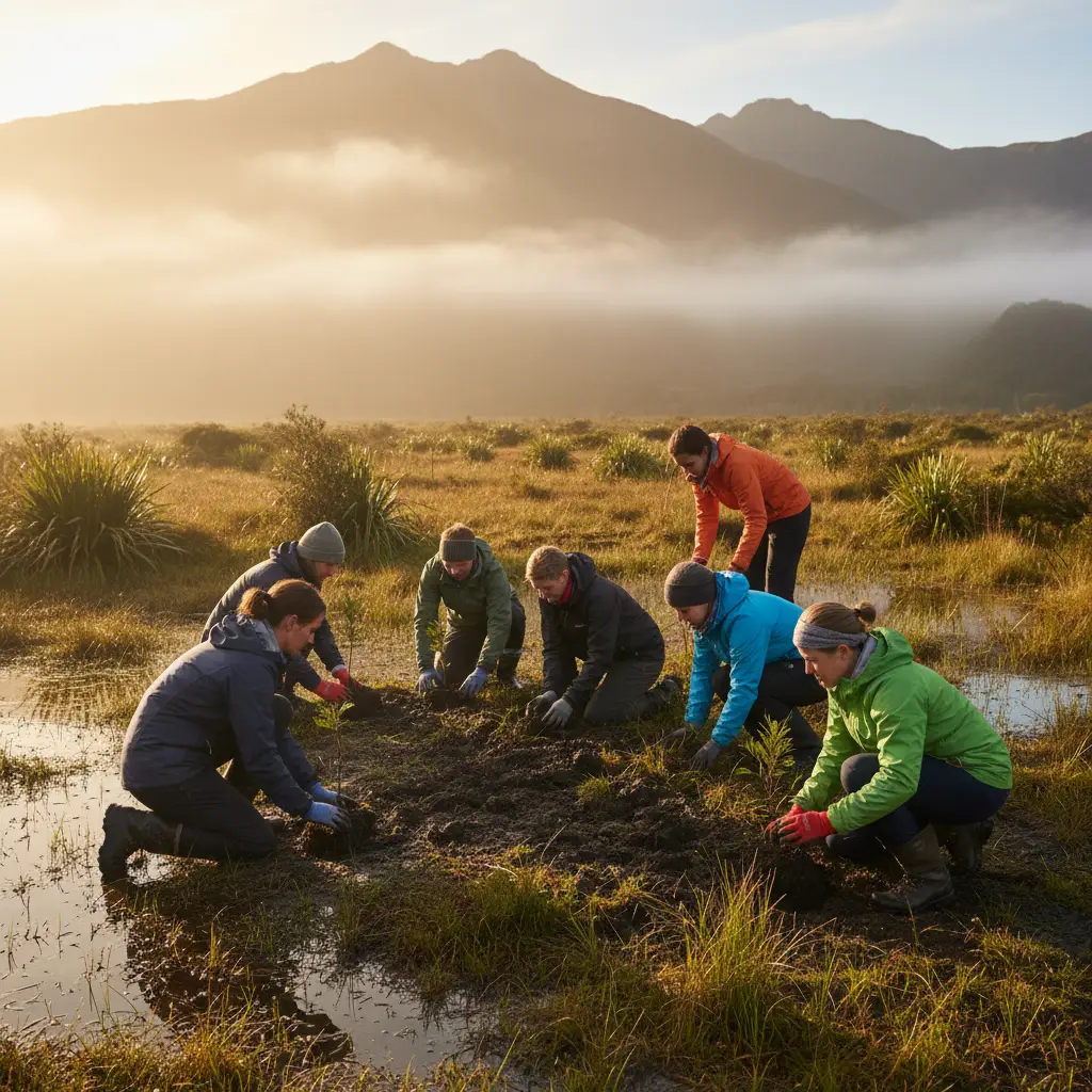 Travelers engaging in regenerative tourism by planting trees in New Zealand