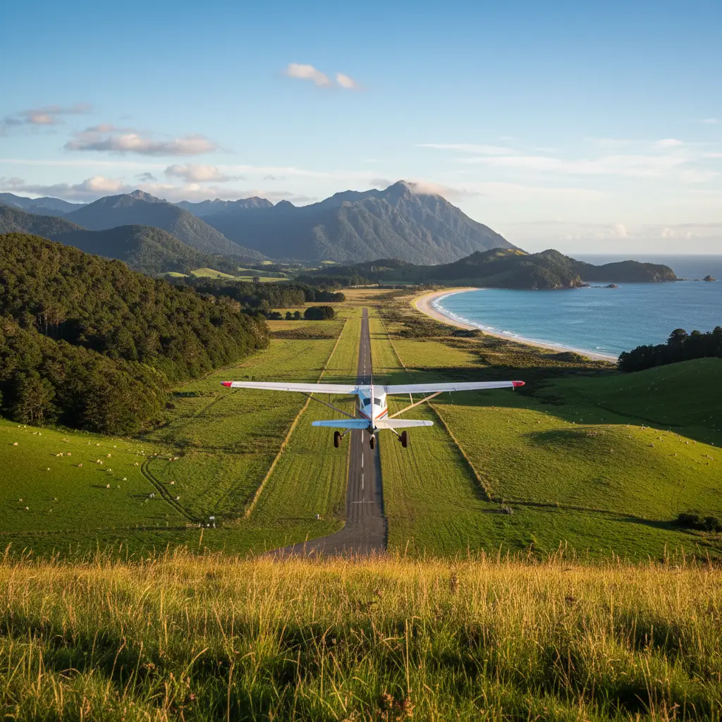 Small aircraft landing on remote New Zealand island airstrip