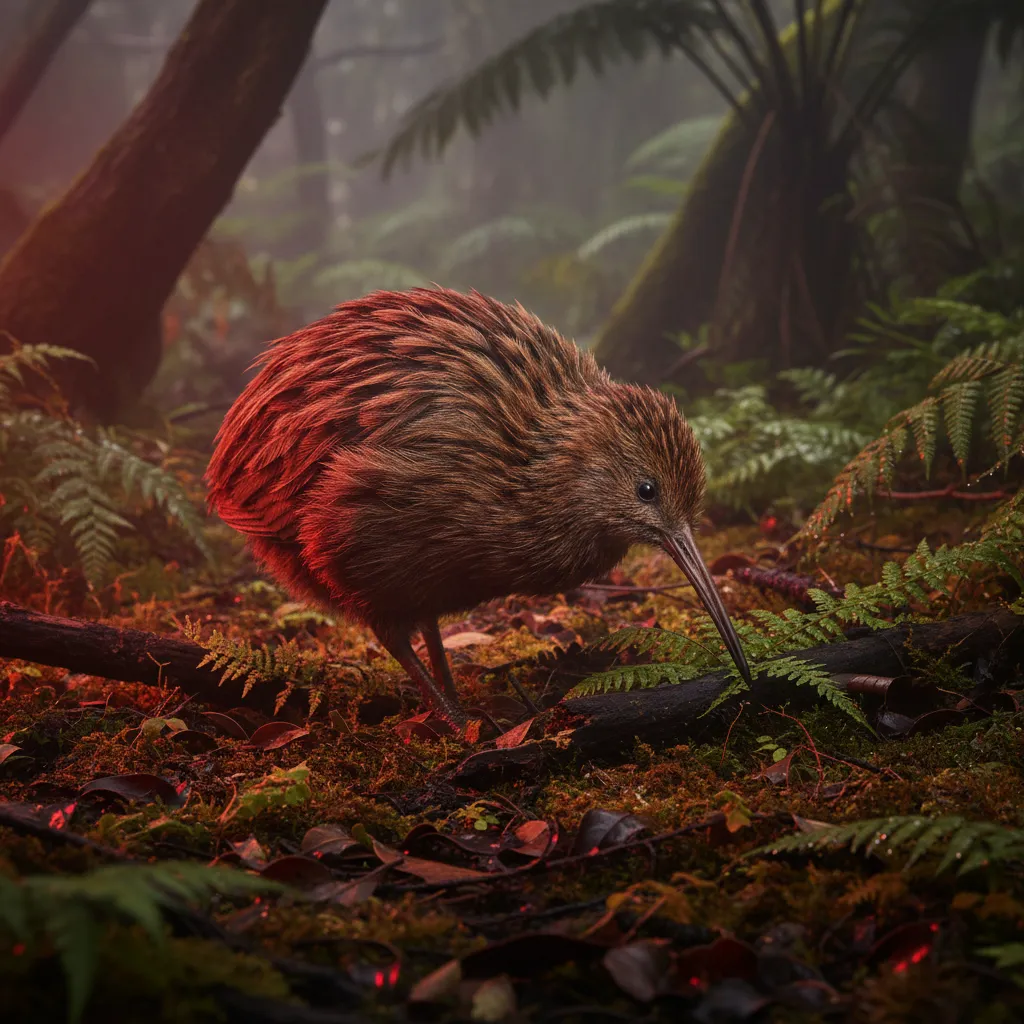 North Island Brown Kiwi foraging at night under red light