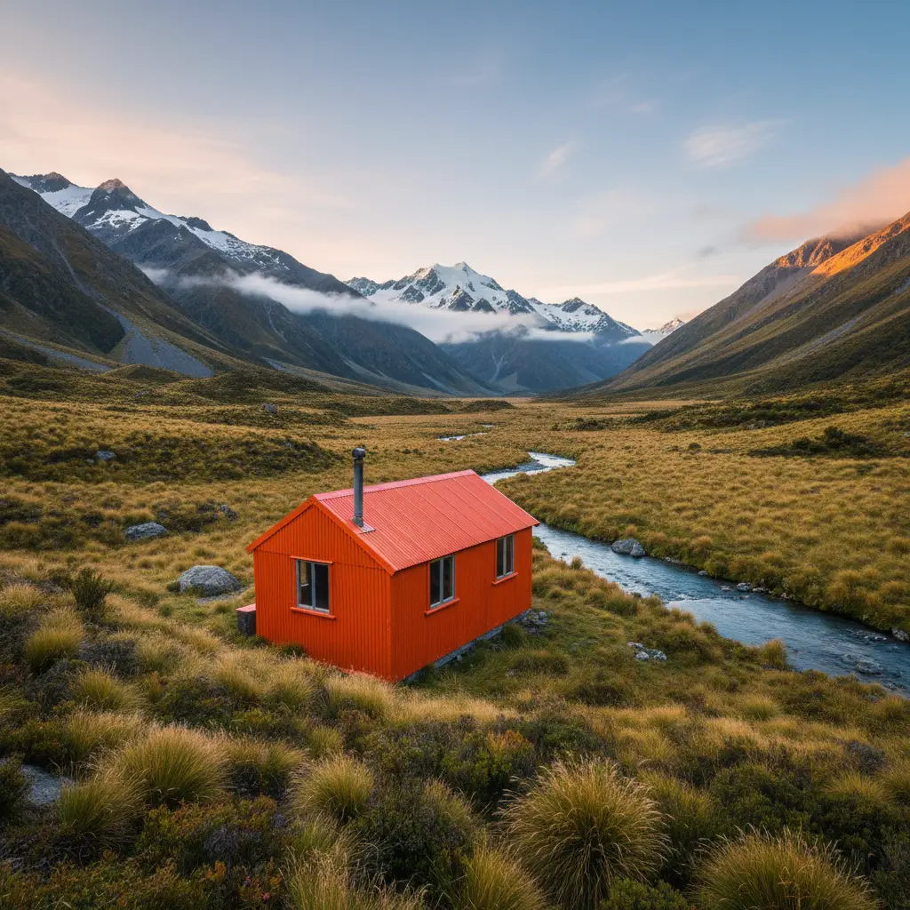 Classic orange DOC hut in New Zealand alpine valley