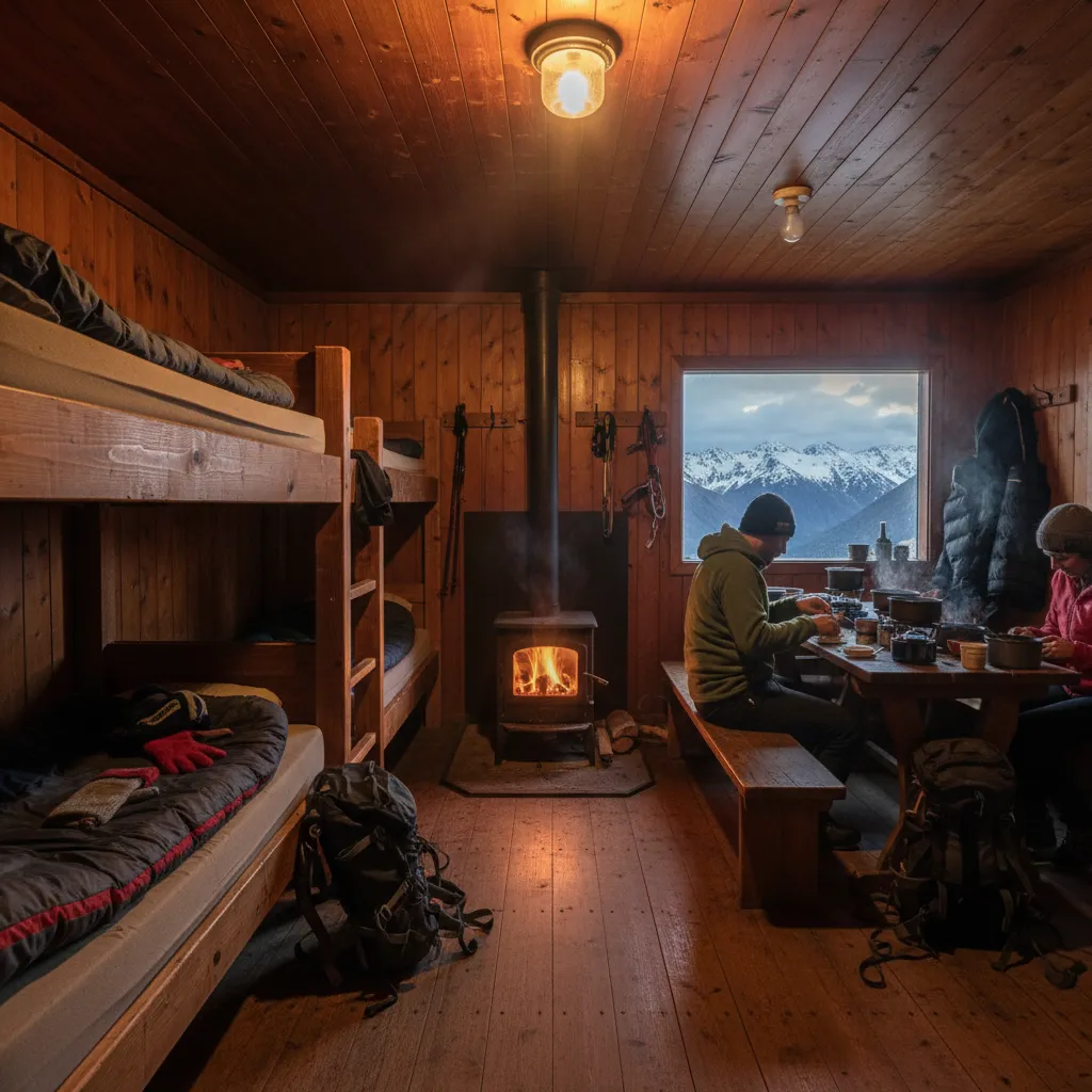 Interior of a serviced DOC hut with bunks and wood burner