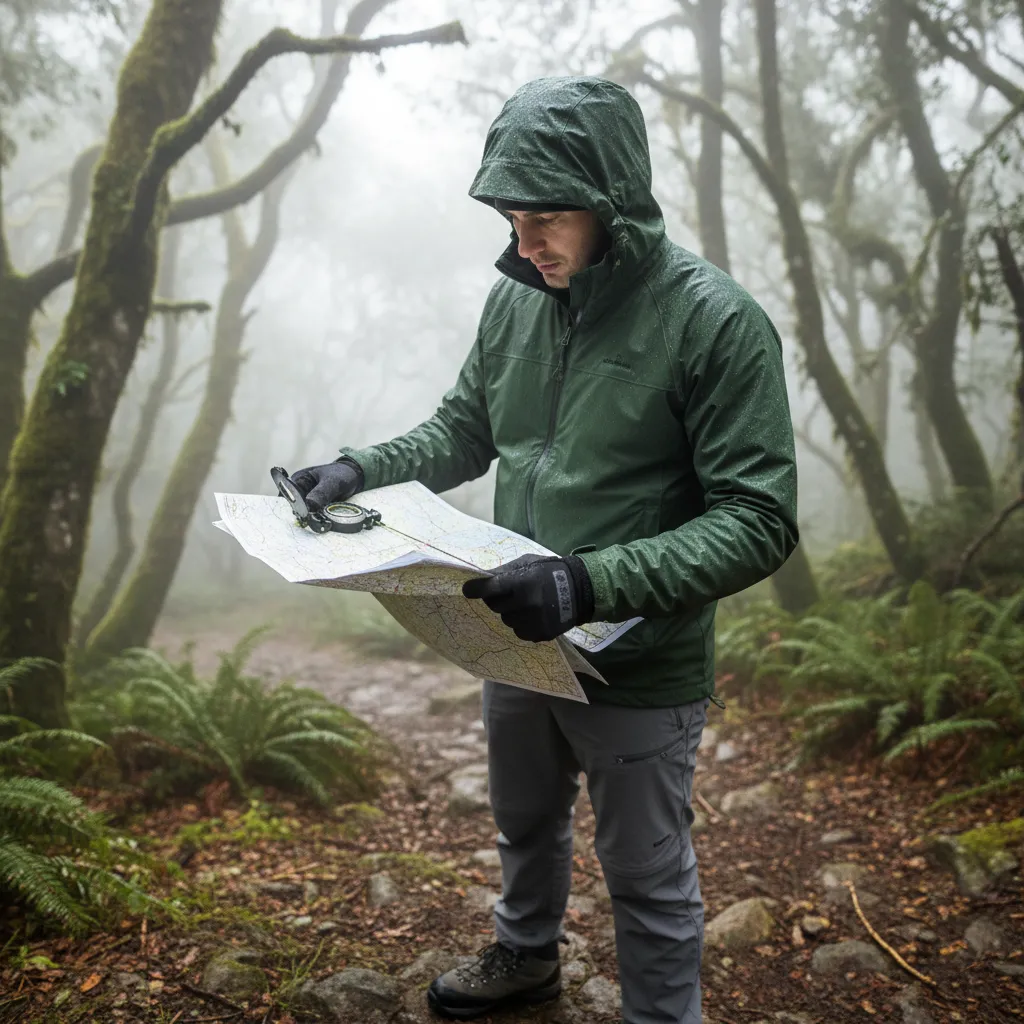 Hiker navigating with map and compass in bad weather